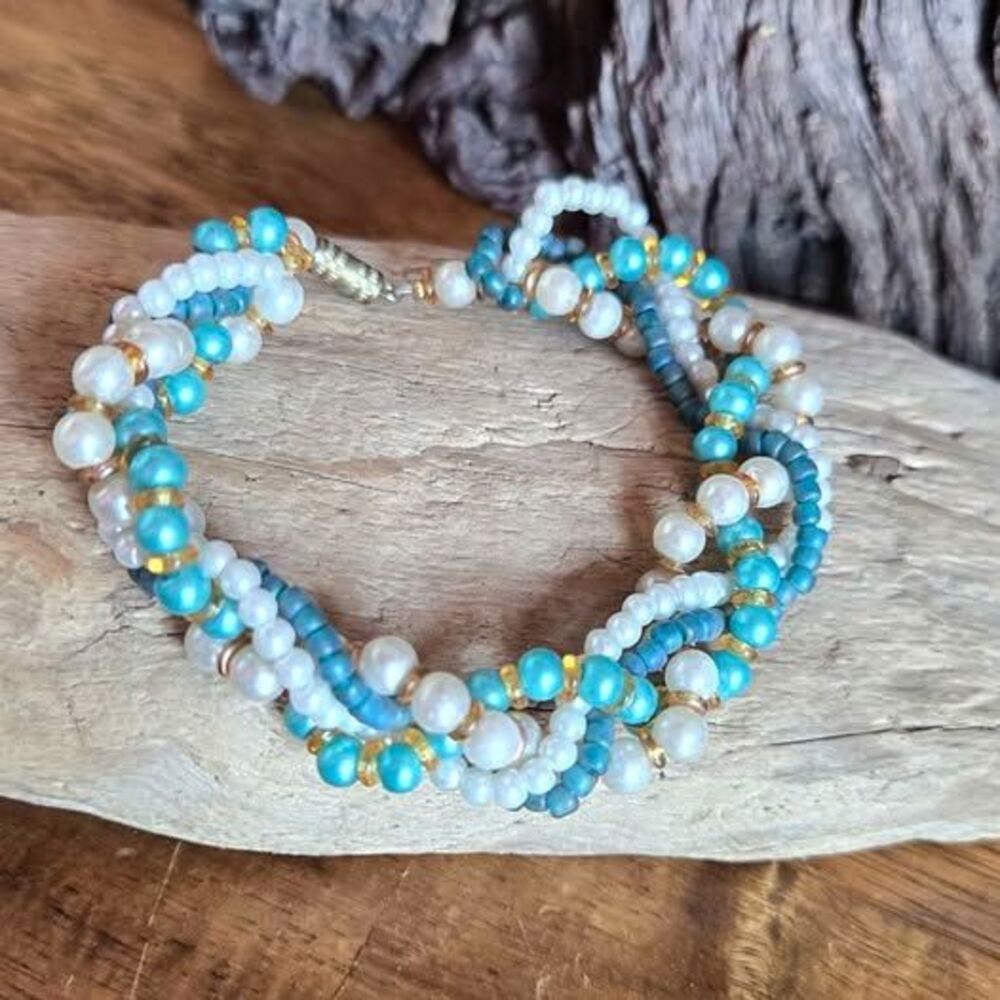 8" Blue & White Multi Strand Beaded Bracelet Screw Clasp Boho Coastal Style